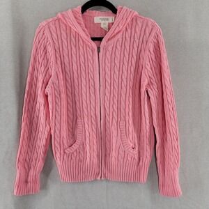 Andrea Jovine Womens Sweater Hooded Cable Knit Cardigan Size Large Petite Coral
